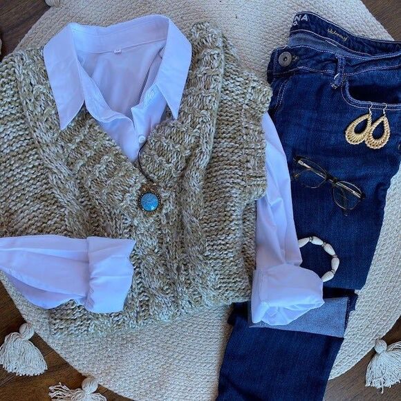 New York "At Last" Variegated Brown Cream and White Sweater Vest Boho Size Large - Picture 5 of 8